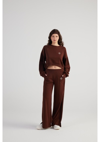 Holly Lolly Bisiklet Yaka Şardonsuz Crop Cali Sweatshirt Kahve