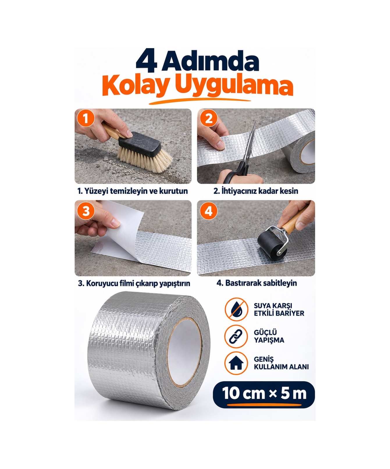 Su Geçirmez Çatı Boru Duvar Çatlak Yapışkan Çamur Bant Folyo 5 Mt X 10 Cm