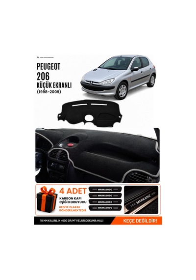 Peugeot 206 Küçük Ekranlı 1998-2009 Uyumlu Torpido Örtüsü, Torpido Kılıfı - Siyah-gri - Pe003