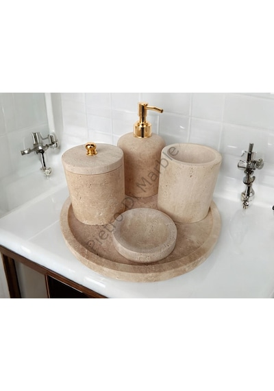 Sarı Traverten Klasik Model 5 Parça Gold Renk Düğme Aksesuarlı Banyo Seti Sarı Traverten