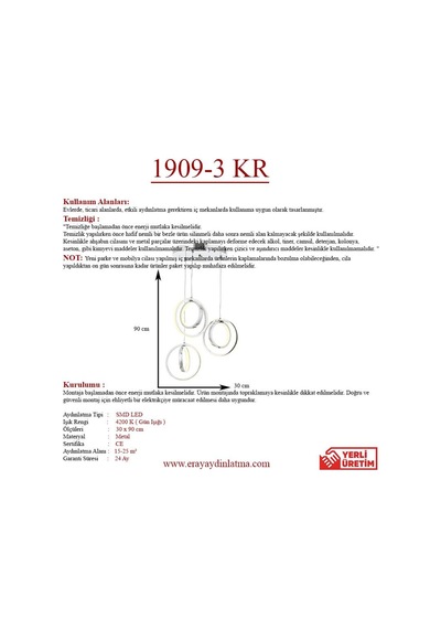 Eray Aydınlatma 1909-3 Krom 3 Lü Led Avize