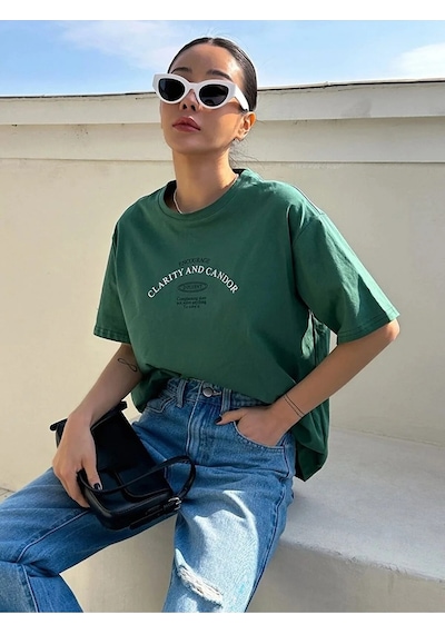 Clarity And Candor Baskılı Unisex Oversize T-shirt Yesil