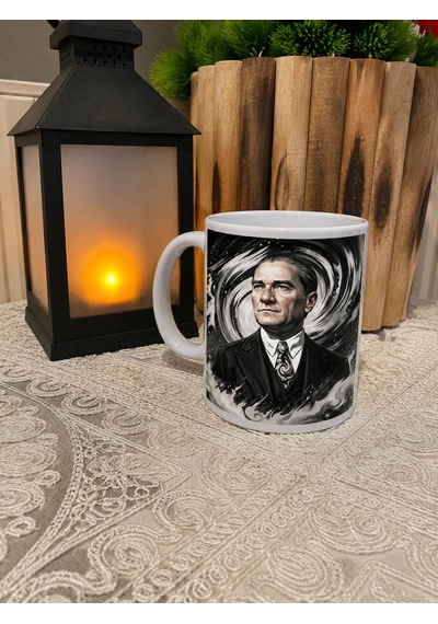 Kişiye Özel Siyah Beyaz Renk Tasarımlı Atatürk Görsel Temalı Kupa Bardak Siyah - Beyaz
