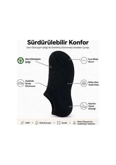 Genel Erkek Geri Dönüşüm İplikli 12 Li Görünmez Sneaker Çorap, İnce Dikişli, Nefes A Siyah 12'li / 39-44