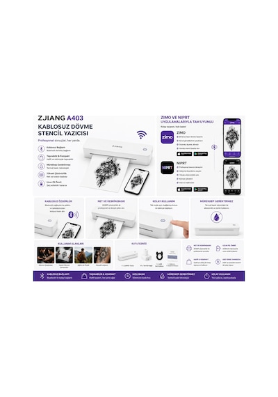 Zjiang Bluetooth Taşınabilir Profesyonel Dövme Şablonu Tattoo Yazıcısı Termal Yazıcı