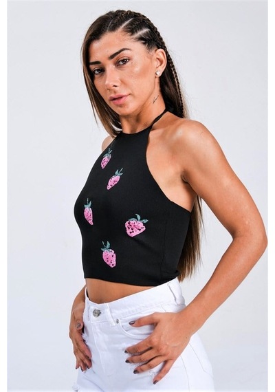 Genel Siyah Çilek Kabartma Baskı Boyundan Bağlamalı Crop Örme Bluz