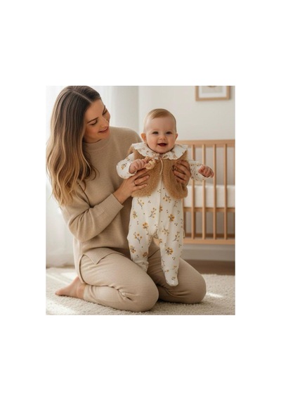 Altıntaş Baby Peluş Yelekli Çiçek Desenli Fitilli Esnek Kumaş Çıtçıtlı Patikli 2li Set Kız Bebek Tulum Ekru Çiçek Desenli Ekru Çiçek Desenli