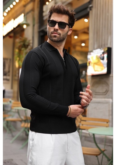 Madmext Siyah Polo Yaka Slim Fit Erkek Triko Kazak E7527