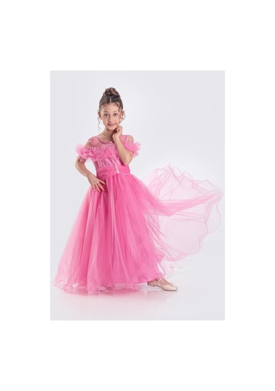 Mnk Baby & Kids Uzun Etek Kız Çocuk Robası Şifon Abiye M00723 Fuşya