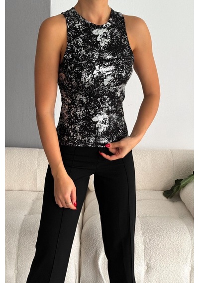 Balenbi Kadın Sim Baskılı Kolsuz Kaşkorse Body 1065 Siyah