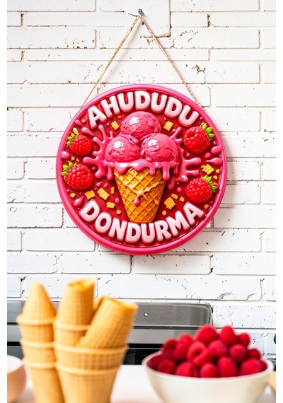 Ahududu Dondurma Görselli İpli Ahşap Kapı Ve Duvar Süsü, Cafe, Dondurmacı Tabelası, Tatlıcı Dekoru