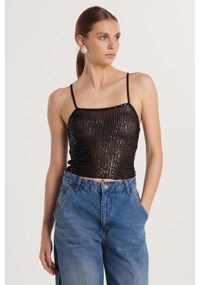Tudors Kadın Slim Fit Dar Kesim Siyah Sıfır Kol U Yaka Bluz-33337