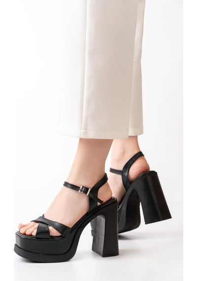 Asmi Shoes Kadın Çapraz Bantlı 12 Cm Platformlu Topuklu Ayakkabbı Siyah Siyah