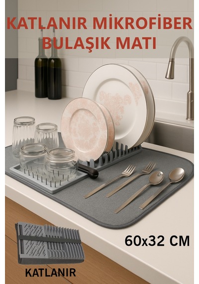Katlanabilir Bulaşıklık 2 Katlı Büyük Boy Mikrofiber Matlı Tezgah Üstü Kurutmalık Organizer Gri