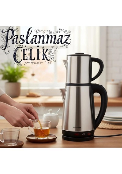 Crwn Elektrikli Çay Makinesi Çelik Çaydanlık Takımı Su Isıtıcı Türk Çayı 1800w