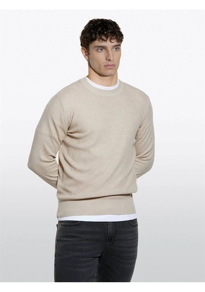 Pamuk Karışımlı Nervürlü Regular Fit Kazak Erkek Taş Rengi Kazak - 325a1041s104h