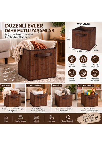 Bambu Hasır Sepet 30x30x30 Cm Kare Dekoratif Düzenleyici Saklama Sepeti Kahverengi