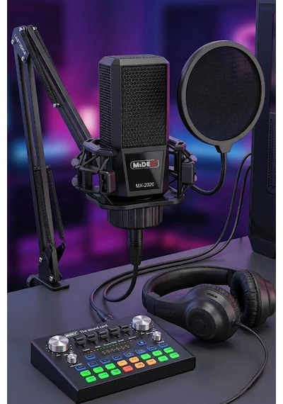 Mx-2020 Compact Set-1 Efektli Ses Kartı Mikrofon Stand Seti Pc Ve Telefon