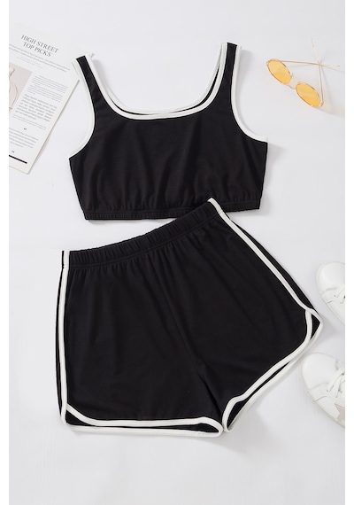 Ang Butik Kadın Siyah Askılı Crop Top Ve Şortlu Gecelik Takım