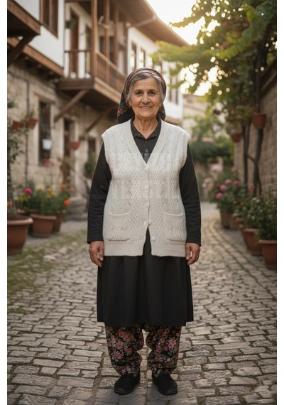 Urfakent Çeyizlik Yelek, Düğmeli Anne Yeleği, Simli Yelek, Hediyelik Yelek, Gelin Simli Cepli Yelek - Krem Çok Renkli