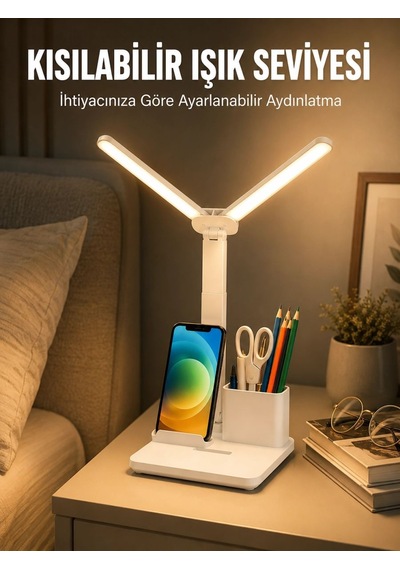 Kısılabilir Led Masa Lambası - Kalemlik, Telefon Standı Ve Okuma Işığı Bir Arada Yeni Nesil Çok Renkli