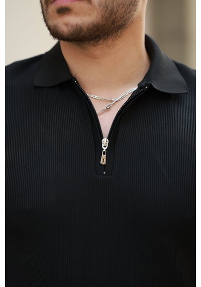 Efnaz Style Erkek Fermuarlı Yakalı Kısa Kollu Tshirt Siyah