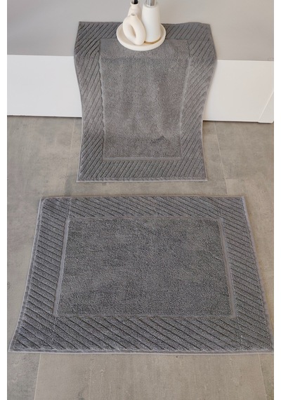 2'li Diyagonal Çizgili Ayak Havlusu Seti - %100 Pamuk Havlu Takımı - 50x70 Cm Antrasıt Antrasit