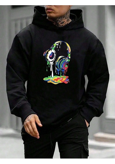 Unisex Siyah Renkli Kulaklık Baskılı Siyah Kapüşonlu Oversize Sweatshirt Siyah