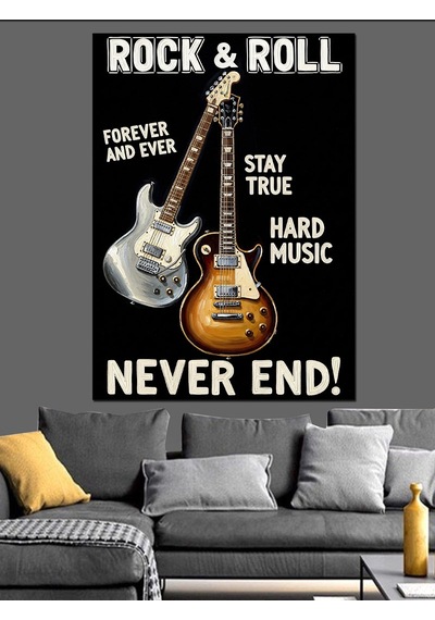 Ahşap Tablo Beyaz Gitar Rock And Roll Posteri