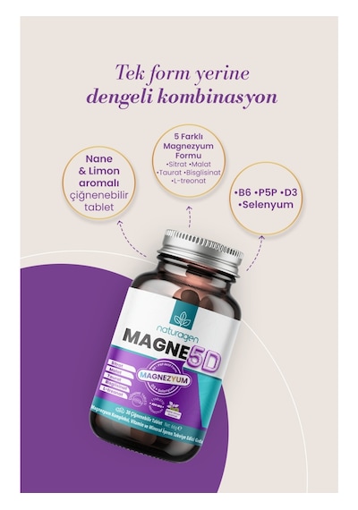 Naturagen Magne 5d Magnezyum Kompleksi 200mg 30 Çiğnenebilir Tablet P5p, D3, Selenyum Nane & Limon Aromalı