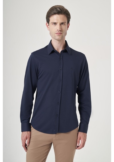 İmza Lacivert Tulum Yaka Uzun Kol Cepsiz Örme Slim Fit Pamuklu Gömlek 1004260208