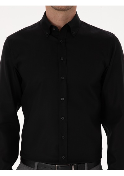 Cacharel Siyah Slim Fit %100 Pamuk Yakası Düğmeli Oxford Gömlek