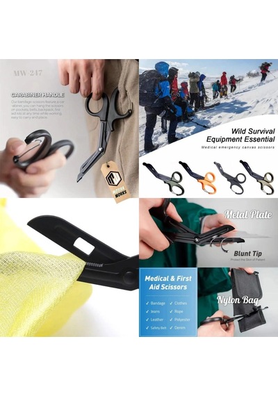 Taktik Süper Kesici Medikal Outdoor Askeri Av Tipi Karabinalı Makas Siyah Mw247