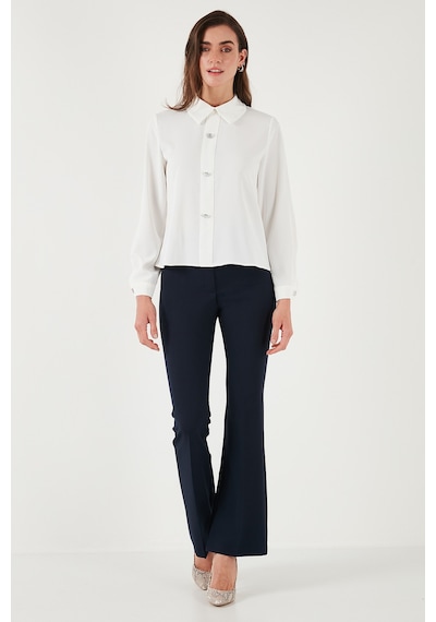 Lela Taşlı Regular Fit Gömlek Yaka Fermuarlı Bayan Bluz 611Bz0493 Ekru