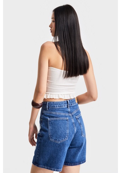 Itsbasic Kadın Mavi Renk 1s5-5 Beyaz Çiçek Nakışlı Midi Boy %100 Koton Tasarım Denim Şort