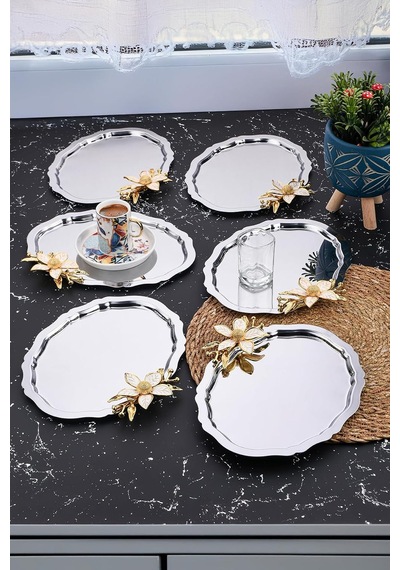 Tr 6 Adet Oval Papatya Çiçekli Kahve-çay Servis Ve Sunum Tepsisi 25x20 Cm, Gümüş Diğer