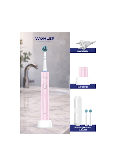 Wohler Değiştirilebilir Başlıklı Şarj Edilebilir Elektrikli Diş Fırçası - Pembe Şarjlı