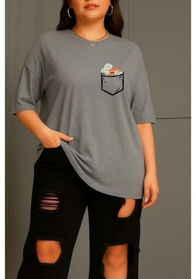 Büyük Beden Cep Çiçek Baskılı Unisex Tişört Gri