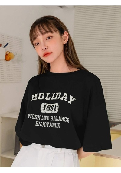 Holiday 1961 Baskılı Unisex Siyah Oversize T-shirt SIYAH