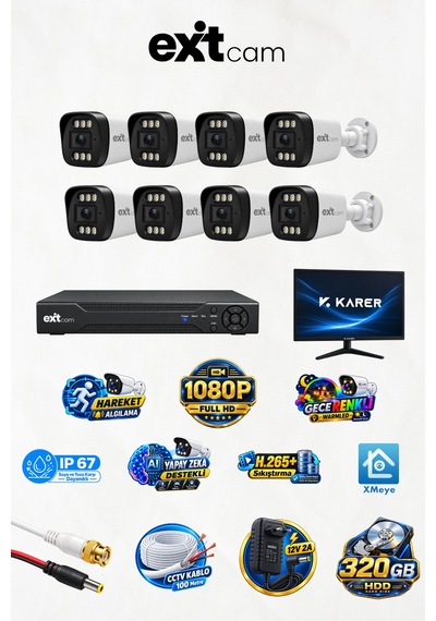 8 Kameralı 19 İnç Monitörlü Full Hd Ahd Güvenlik Seti 320 Gb Hdd, 80 Metre Kablo, Renkli Gece Görü