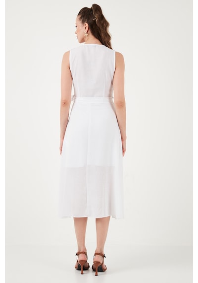 Lela Nakışlı Regular Fit Kolsuz Midi Bayan Elbise 611El00959 Ekru-Camel