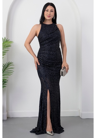 Kalopya Halter Yaka Yırtmaçlı Boncuklu Elbise 41099 Lacivert