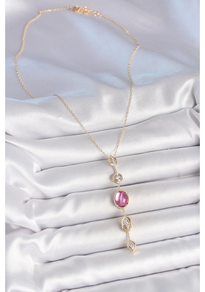 Pirinç Zincir Gold Renk Pembe Zirkon Taşlı Y Kolye Çok Renkli