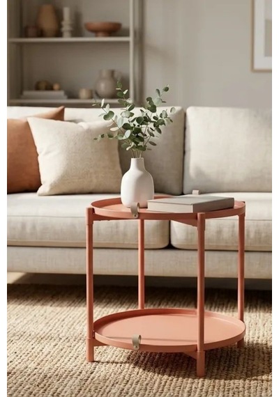 Çift Tepsili Katlanır Orta Yan Yuvarlak Sehpa Metal Ayak - Modern Sehpa 50cm 44 Cm Tepsi Deri Kulplu Şeker Pembe