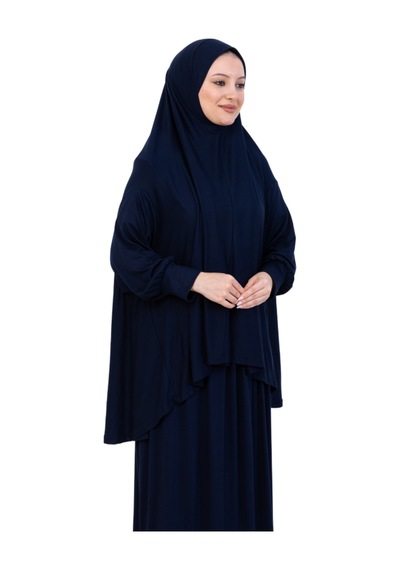 Modish Group İki Parça Namaz Elbisesi Uzun Pamuklu Tesettür Giyim Abaya & Başörtüsü Set Lacivert