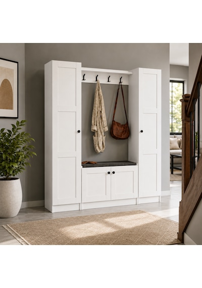 Lucas Çift Boy Dolaplı Portmanto Vestiyer Ayakkabılık Askılıklı Oturma Banklı Antre Dolabı 182x170x35 Cm Beyaz Lucas Çift Boy Dolaplı Portmanto Vestiyer Ayakkabılık Askılıklı Oturma Banklı Antre Dolabı 182x170x35 Cm Beyaz