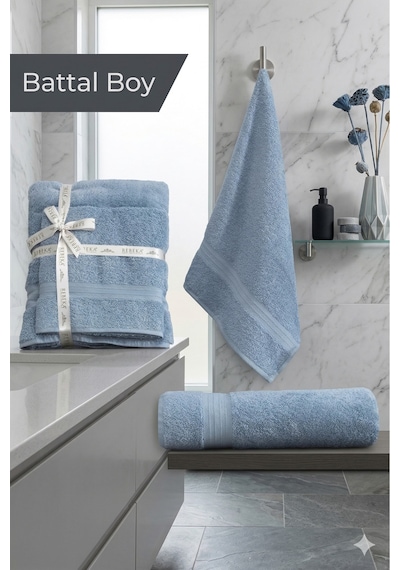 2 Li Battal Boy Banyo Havlu Seti - 100% Pamuk 90x170 Cm + 50x90 Cm Ekstra Yumuşak Emici Havlu İndigo