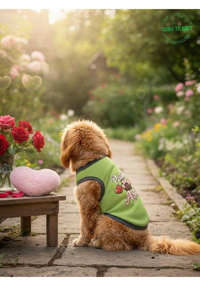 Yeşil Renkli Patili Aşk Baskılı Kedi Ve Köpek Kıyafeti Tişörtü Elbisesi Small/s/beden 1