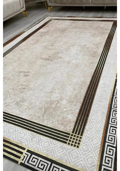 Modern Desenlerde Kadife Dokulu Lastikli Kaymaz Sünger Tabanlı Halı Örtüsü Beej Kahve 300 400 Bej