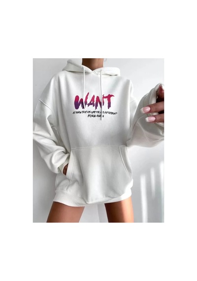 Butik İstanbul Baskılı Üç İplik Kapüşonlu Oversize Sweatshirt - Beyaz